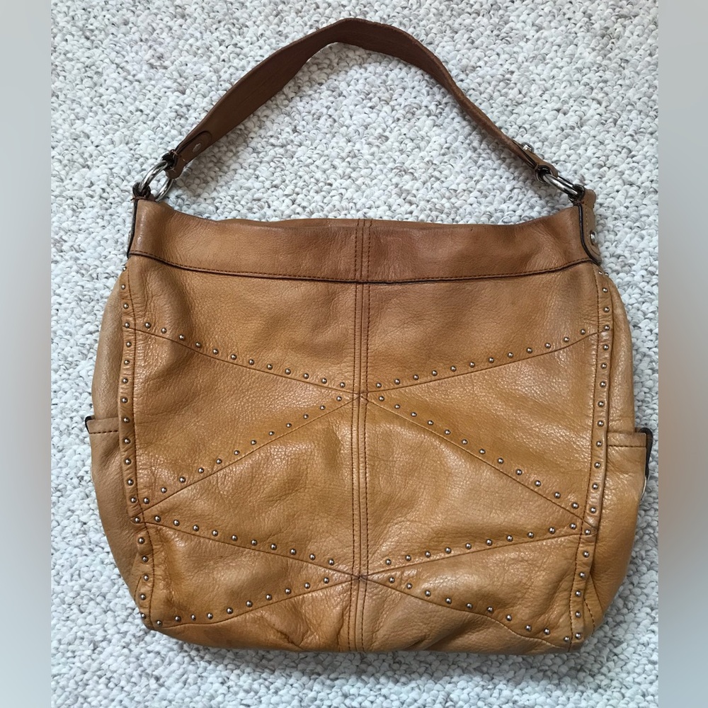 B. Makowsky Large Cognac Leather Studded Puzzle Hobo Shoulder Bag Boho